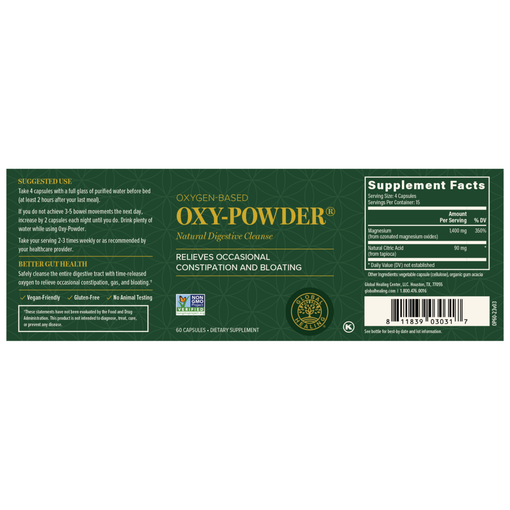 Rock Ridge Pharmacy Oxy-Powder supplement, back of bottle with supplement facts, alternate view 2