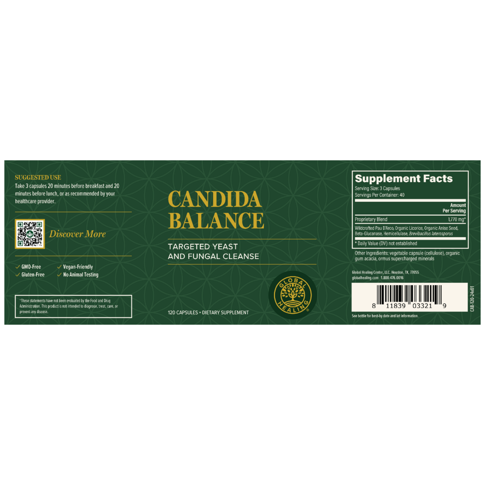 Rock Ridge Pharmacy Candida Balance supplement, back of bottle with supplement facts