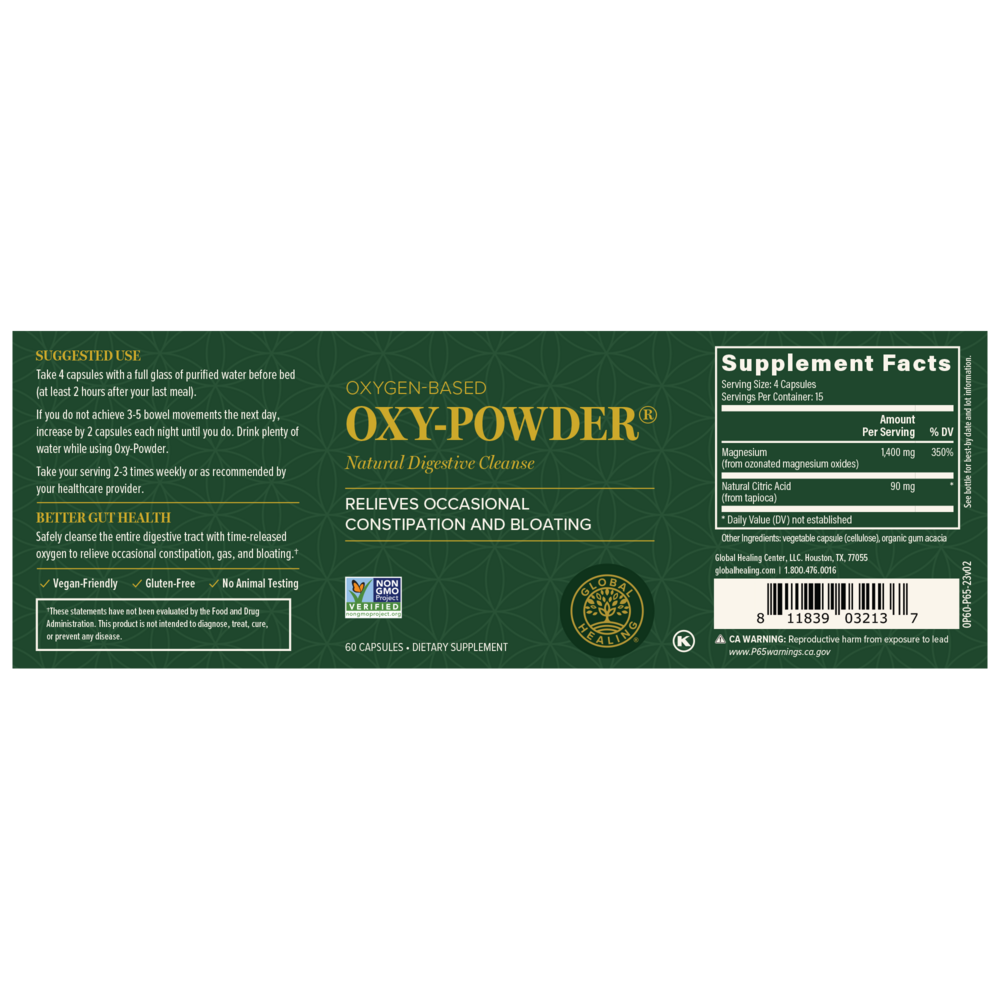 Rock Ridge Pharmacy Oxy-Powder (California Only) supplement, back of bottle with supplement facts