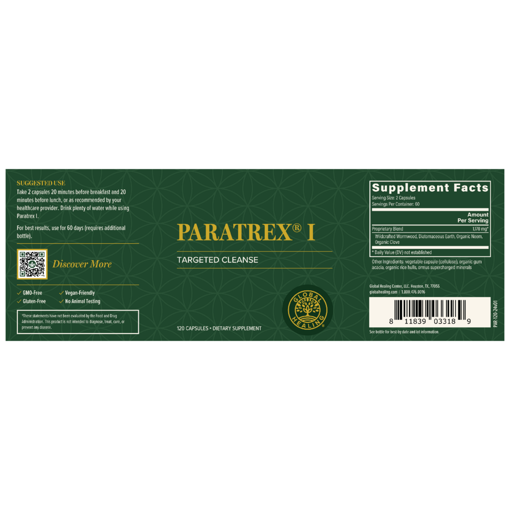Rock Ridge Pharmacy Paratrex 1 (California Only) supplement, back of bottle with supplement facts