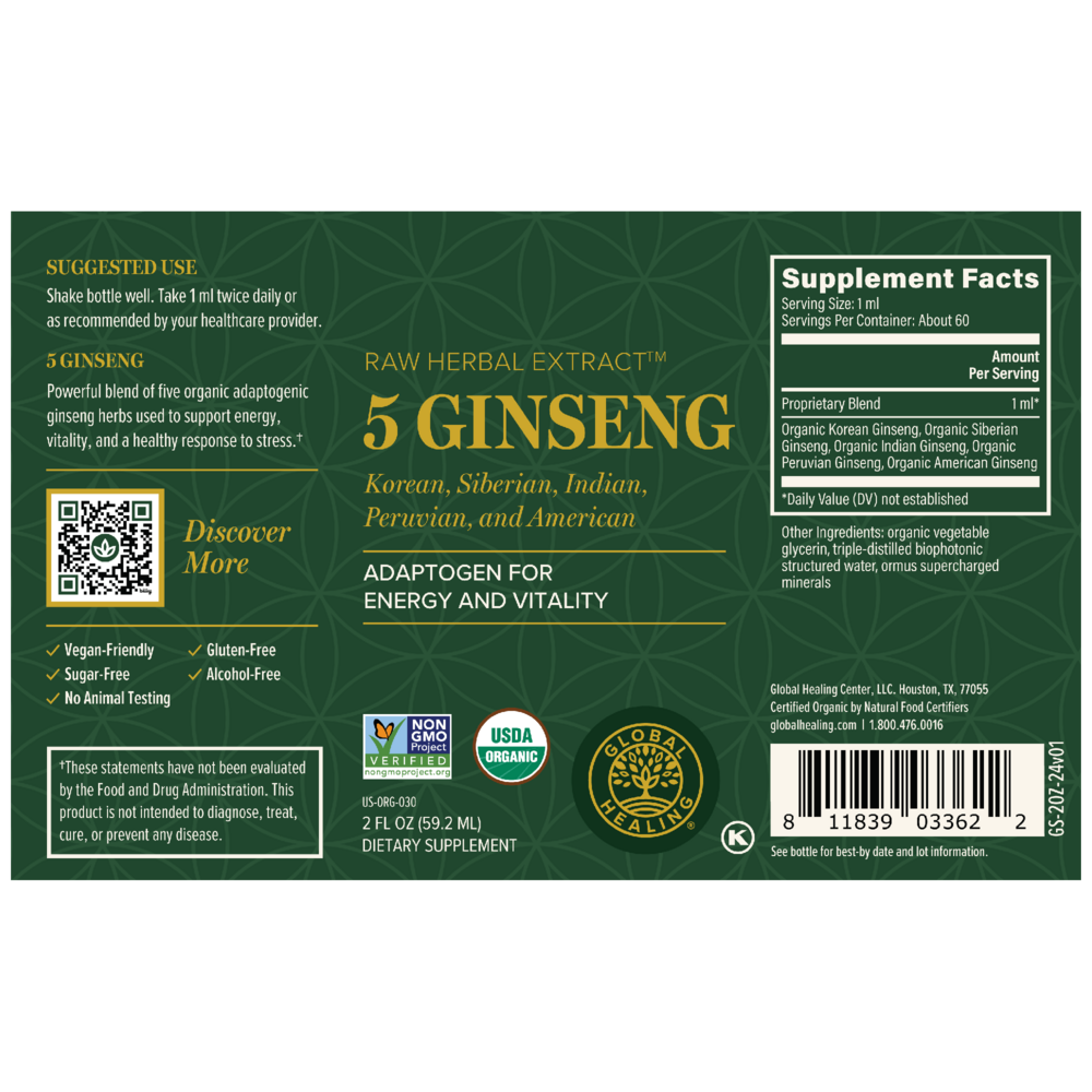 Rock Ridge Pharmacy 5 Ginseng supplement, back of bottle with supplement facts