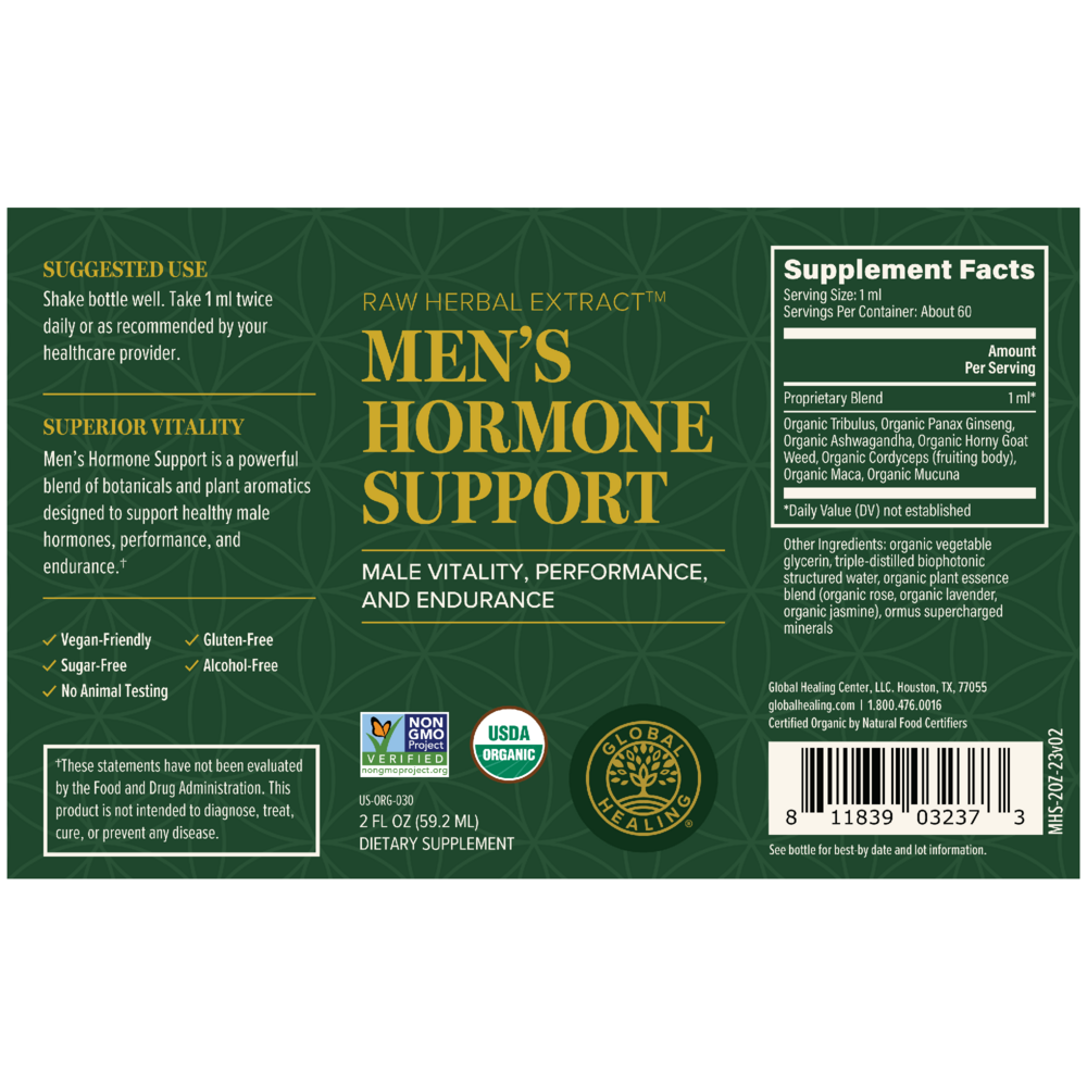 Rock Ridge Pharmacy Men's Hormone Support supplement, back of bottle with supplement facts