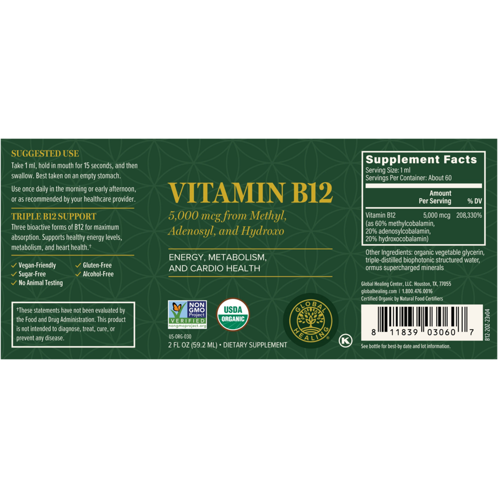 Rock Ridge Pharmacy Vitamin B12 5000 mcg supplement, back of bottle with supplement facts