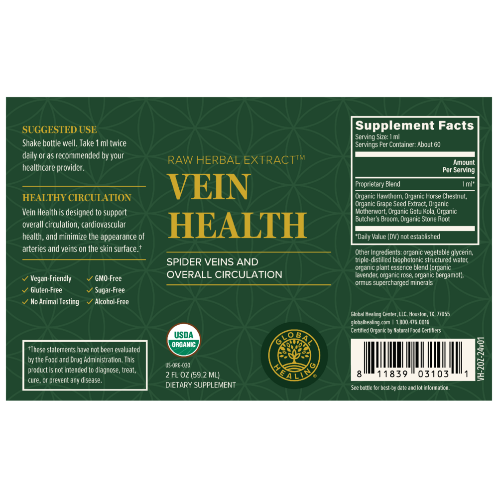 Rock Ridge Pharmacy Vein Health, Plant-Based supplement, back of bottle with supplement facts