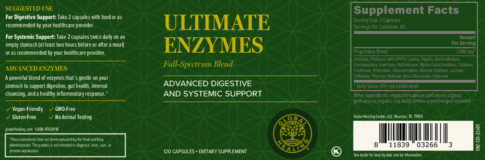 Rock Ridge Pharmacy Ultimate Enzymes (formerly Veganzyme) supplement, back of bottle with supplement facts