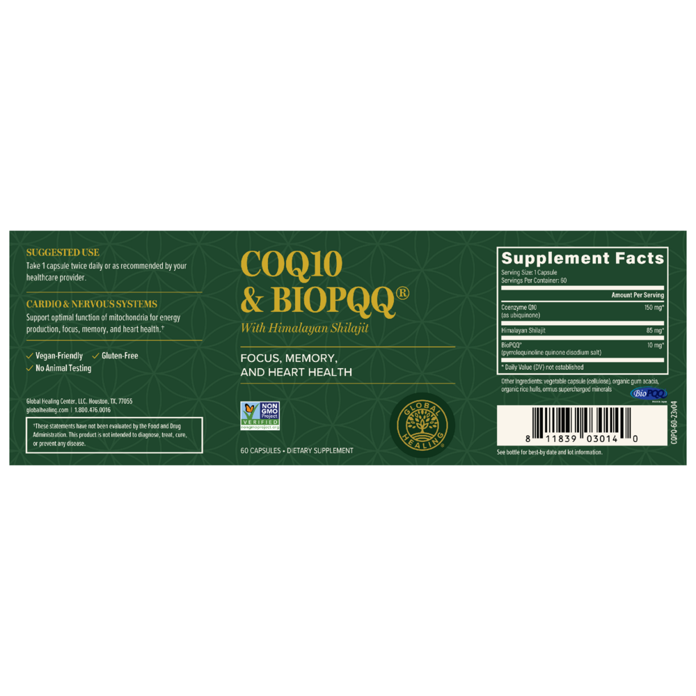Rock Ridge Pharmacy CoQ10 & BioPQQ with Himalayan Shilajit supplement, back of bottle with supplement facts