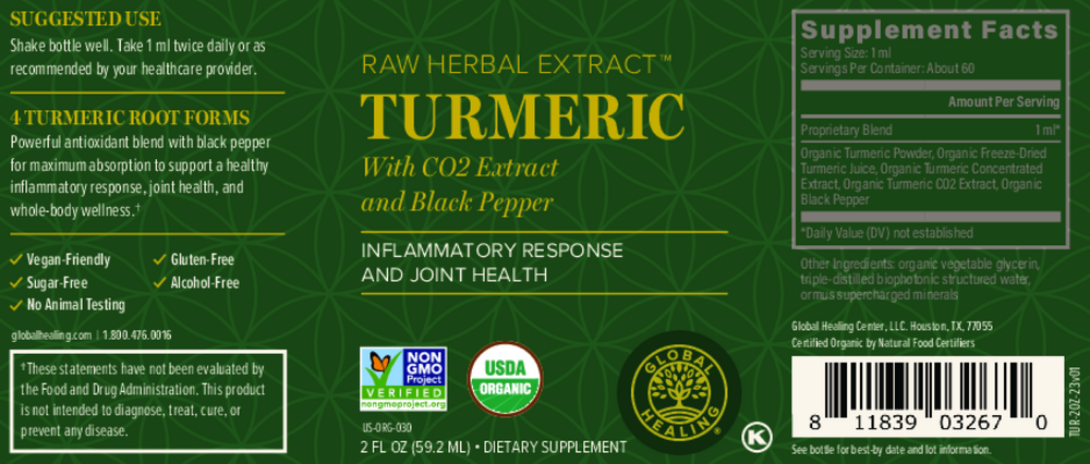 Rock Ridge Pharmacy Organic Liquid Turmeric supplement, back of bottle with supplement facts