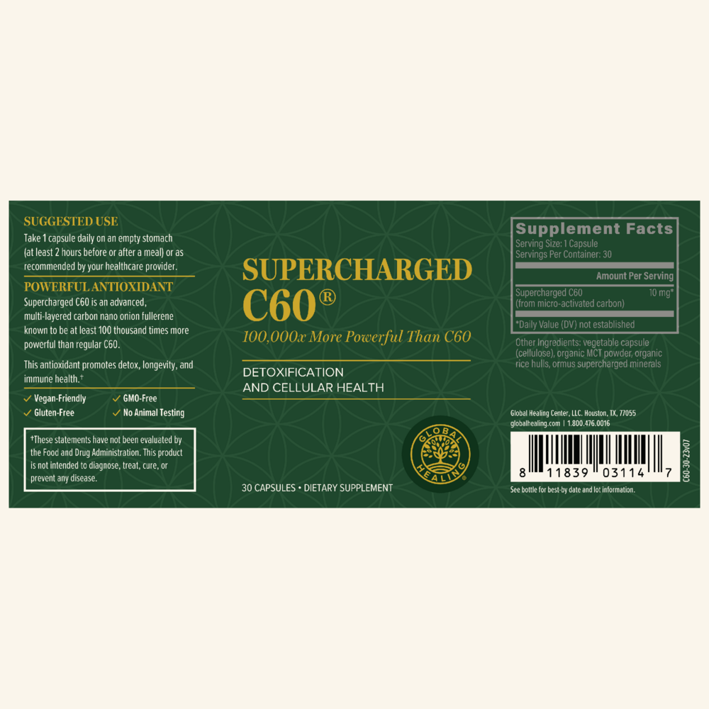 Rock Ridge Pharmacy Supercharged C60 supplement, back of bottle with supplement facts