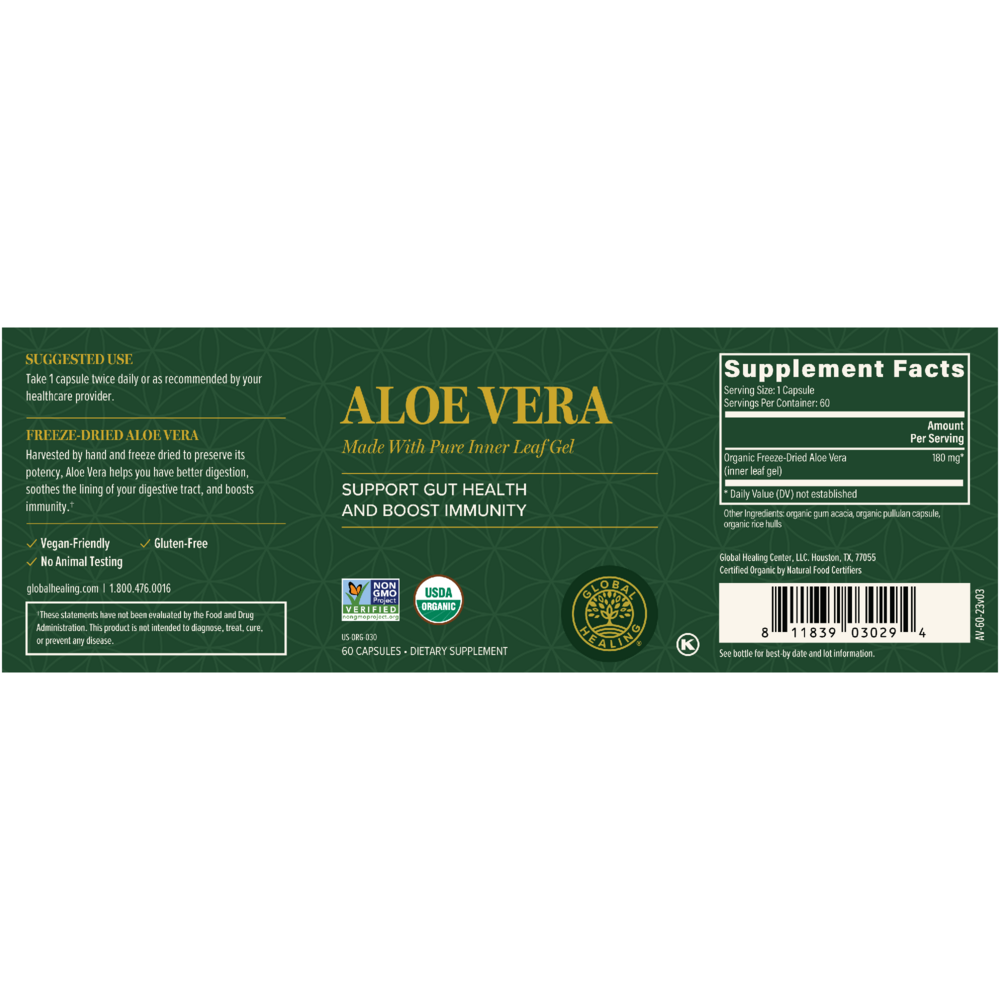 Rock Ridge Pharmacy Aloe Vera supplement, back of bottle with supplement facts