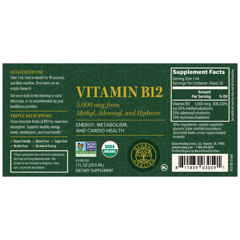 Rock Ridge Pharmacy Vitamin B12 5000 mcg supplement, back of bottle with supplement facts, alternate view 2