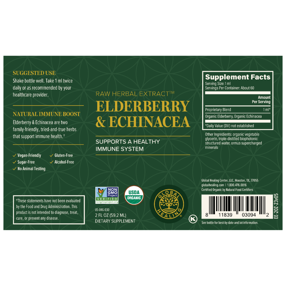 Rock Ridge Pharmacy Organic Elderberry & Echinacea supplement, back of bottle with supplement facts