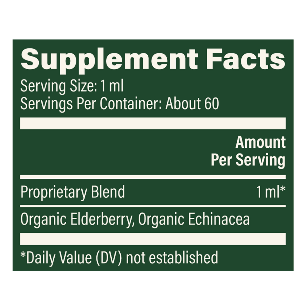 Rock Ridge Pharmacy Organic Elderberry & Echinacea supplement, product label close-up