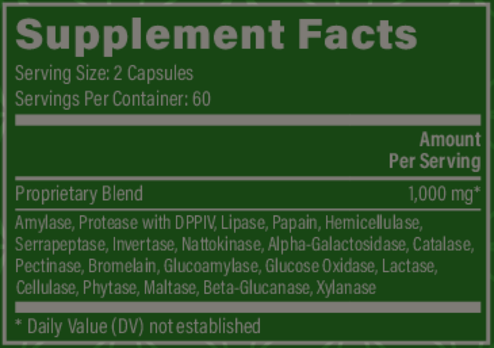 Rock Ridge Pharmacy Ultimate Enzymes (formerly Veganzyme) supplement, product label close-up