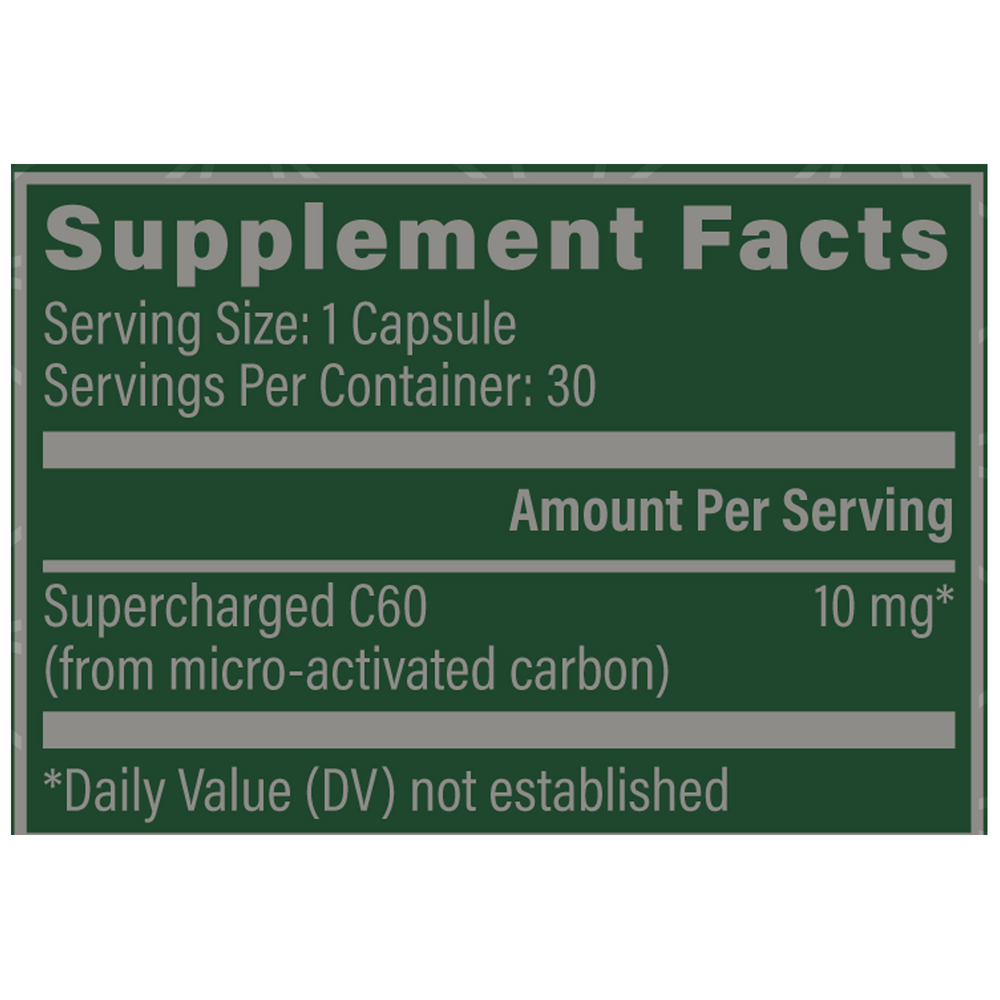 Rock Ridge Pharmacy Supercharged C60 supplement, product label close-up