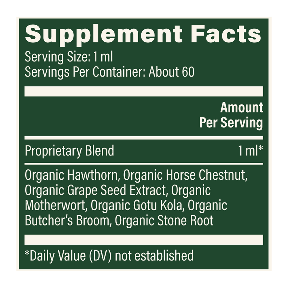 Rock Ridge Pharmacy Vein Health, Plant-Based supplement, product label close-up