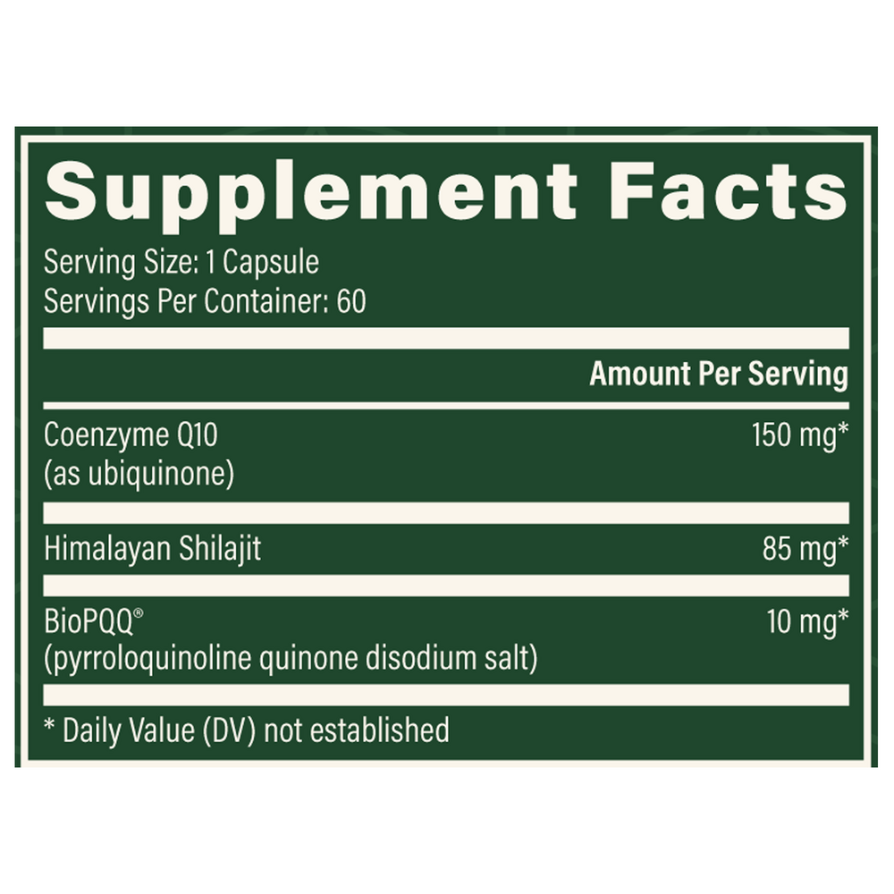 Rock Ridge Pharmacy CoQ10 & BioPQQ with Himalayan Shilajit supplement, product label close-up